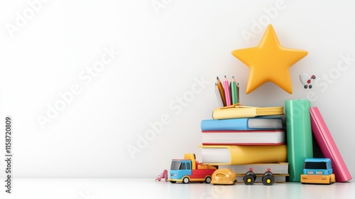 A colorful arrangement of books, toys, and stationery, featuring a yellow star, perfect for a child's study area or playroom.