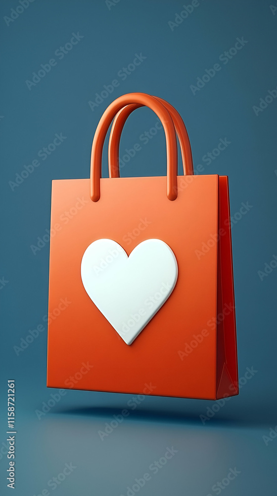 Orange Shopping Bag with Heart, A Gift of Love, Shows Affection and Care Deeply. Orange Shopping Bag with Heart, A Gift of Love, Shows Affection and Care Deeply.