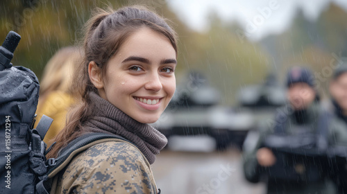 German woman wearing military uniform with tank troops on a rainy day