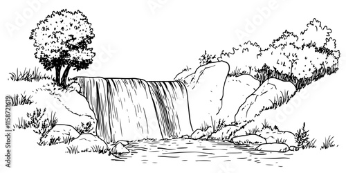 waterfall illustration with trees and rocky natural setting