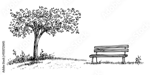 single park bench under tree in peaceful black sketch