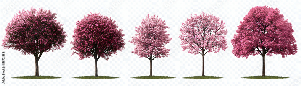Fototapeta premium Pink Blossom Trees, Five Springtime Trees Isolated on White Background for Design Elements