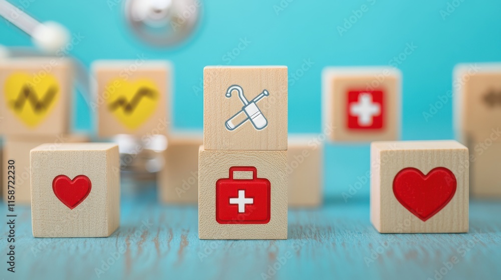 Obraz premium A dynamic arrangement of wooden blocks with carved icons