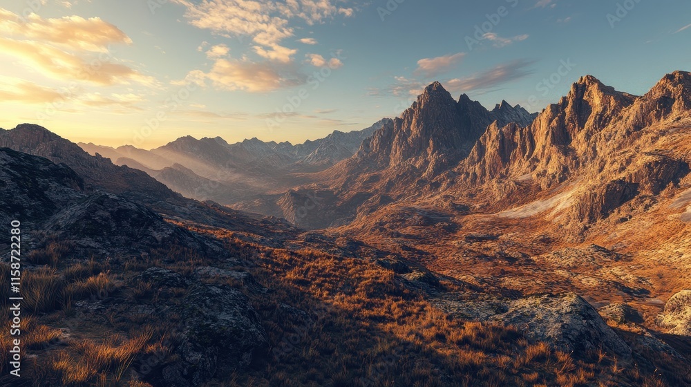 Obraz premium Mountainous Landscape with Golden Sunset and Lush Vegetation