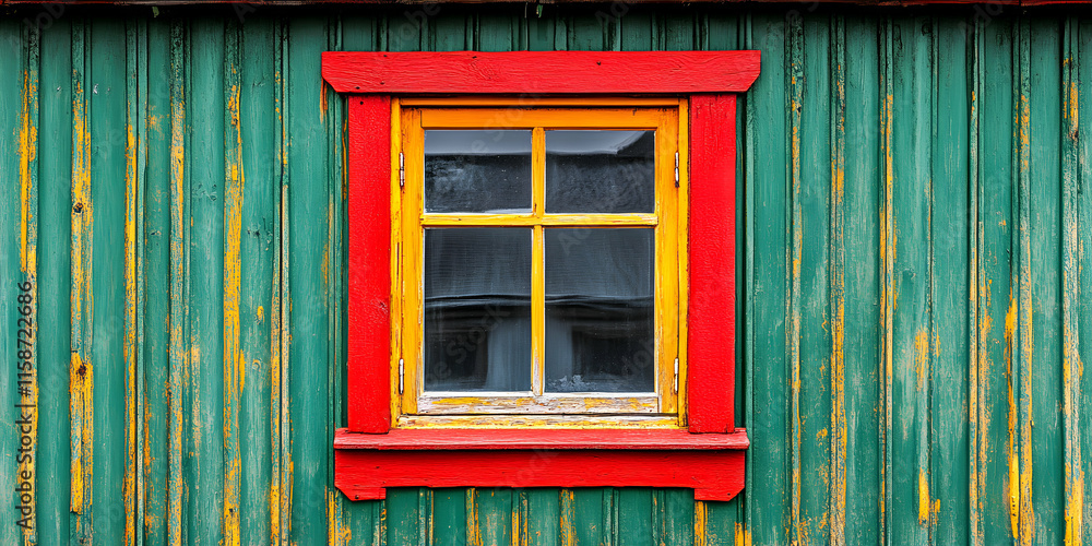 Obraz premium Vibrant Window on Weathered Green Walls, A Colorful Architectural Detail in Rustic Charm, Showing Vivid Hues and Patina, Captivating View.