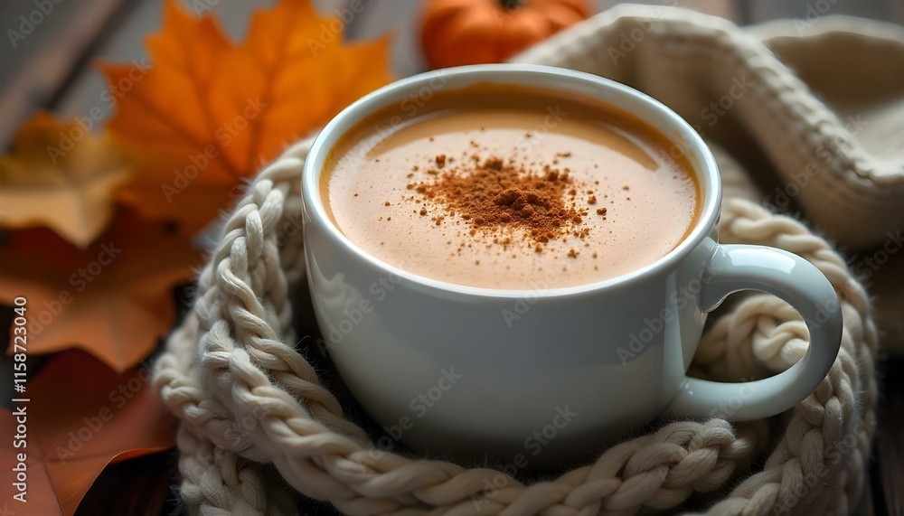 A creamy spiced pumpkin latte in a white ceramic mug with cinnamon sprinkled on top, surrounded by autumn leaves and a cozy scarf. Stock photography 32K, UHD, Ultra HD quality, high quality A creamy spiced pumpkin latte in a white ceramic mug with cinnamon sprinkled on top, surrounded by autumn leaves and a cozy scarf. Stock photography 32K, UHD, Ultra HD quality, high quality