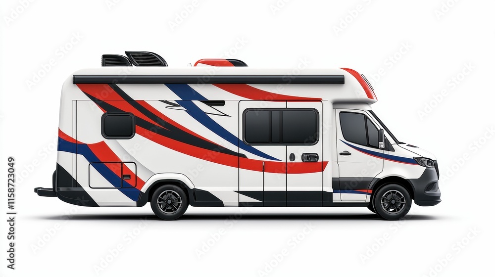 A sleek, modern RV with a striking red, white, and blue design, showcasing a dynamic profile and ideal for adventurous road trips. A sleek, modern RV with a striking red, white, and blue design, showcasing a dynamic profile and ideal for adventurous road trips.