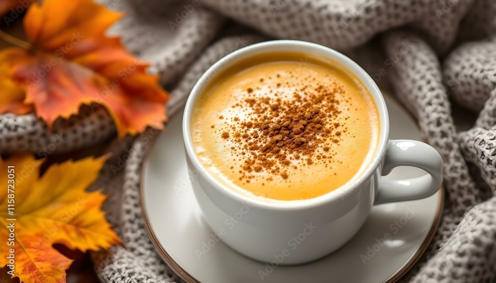 A creamy spiced pumpkin latte in a white ceramic mug with cinnamon sprinkled on top, surrounded by autumn leaves and a cozy scarf. Stock photography 32K, UHD, Ultra HD quality, high quality