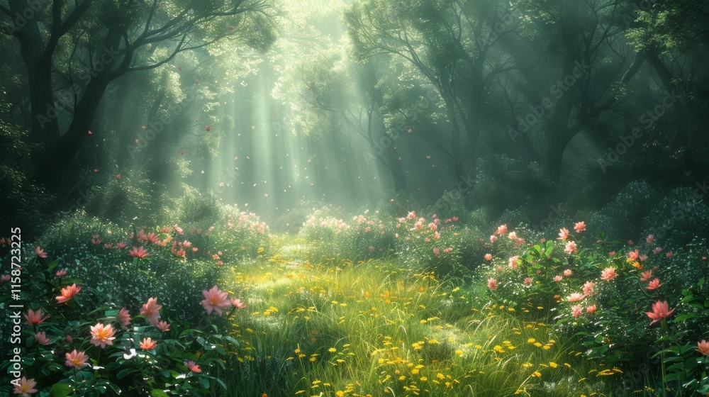 Obraz premium A forest with a path through it and flowers on the side