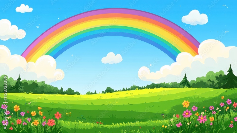 Fototapeta premium Rainbow Arcing Over Lush Green Meadow And Flowers