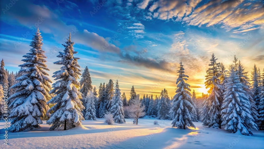 Serene forest at dawn with snow-covered trees and a vast blue sky , winter wonderland, forest, winter wonderland, forest Serene forest at dawn with snow-covered trees and a vast blue sky , winter wonderland, forest, winter wonderland, forest