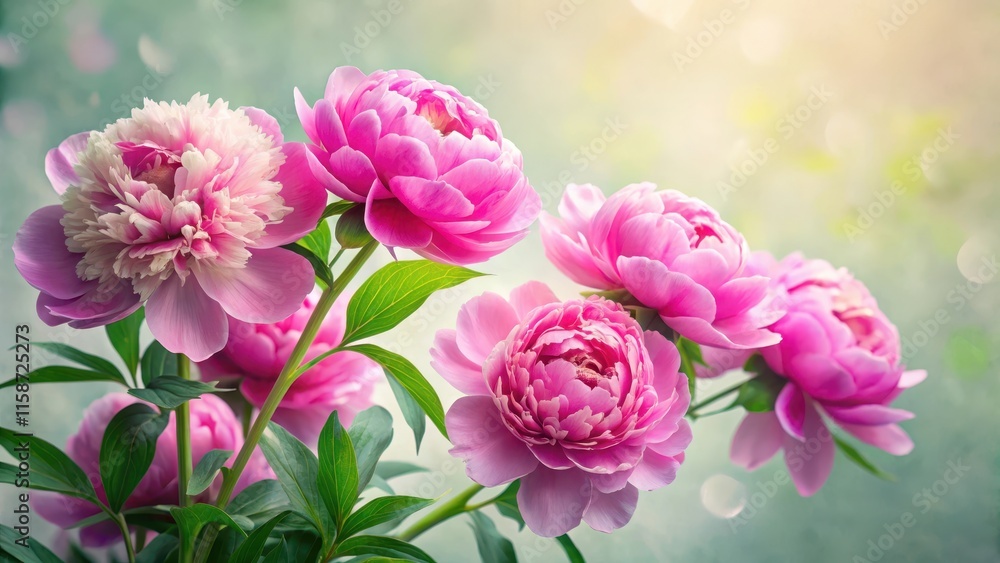 Vibrant pink peony flowers against a soft white background with delicate green leaves and subtle texture , blooming, peonies Vibrant pink peony flowers against a soft white background with delicate green leaves and subtle texture , blooming, peonies