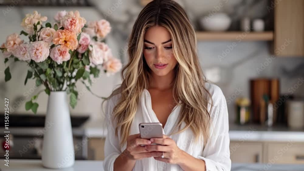 A cheerful woman is engaged with her smartphone surrounded by a beautiful flower arrangement in a stylish kitchen