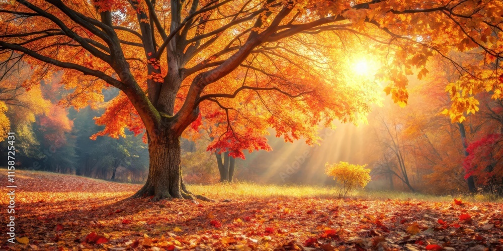 Autumn tree with fallen dry leaves on a forest floor under warm sunlight, surrounded by vibrant foliage colors of orange, red and yellow , autumn leaf fall, earthy tones Autumn tree with fallen dry leaves on a forest floor under warm sunlight, surrounded by vibrant foliage colors of orange, red and yellow , autumn leaf fall, earthy tones