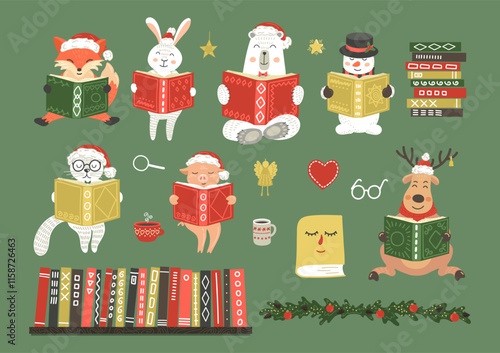 Christmas cute characters reading books. Set of cute fantasy hand-drawn snowman and animals: cat, hare, fox, rabbit, pig, bear and deer. Children holiday's education illustration.