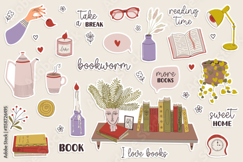 Set of cute book theme stickers. Cozy reading nook with decorative elements and inspiring quotes. Collection of book-related decorations, including plants, candles, and art. Doodle style clipart.