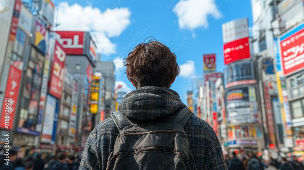 Man with backpack facing away, looking at vibrant city street. Man with backpack facing away, looking at vibrant city street.