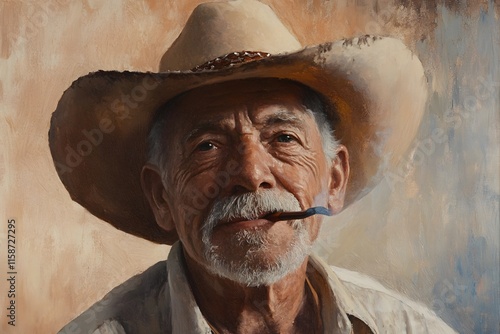 Portrait of a weathered cowboy, smoking a cigar, wearing a large brimmed hat. A masterful oil painting capturing the essence of the American West. photo