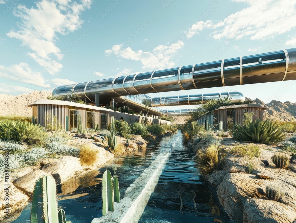 Futuristic desert buildings, elevated walkway, water channel. Futuristic desert buildings, elevated walkway, water channel.