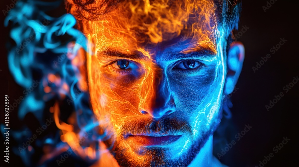Man's face engulfed in blue and orange flames. Man's face engulfed in blue and orange flames.