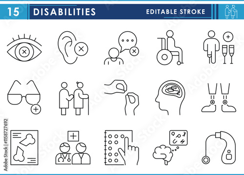 A set of line icons related to Disabilities. Blindness, hearing problem, voice, mental illness, robotic legs, elderly, braille, and so on. Vector editable stroke.