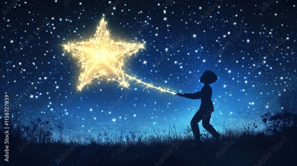 Glowing Star Pulling Child in Cosmic Night Scene Glowing Star Pulling Child in Cosmic Night Scene