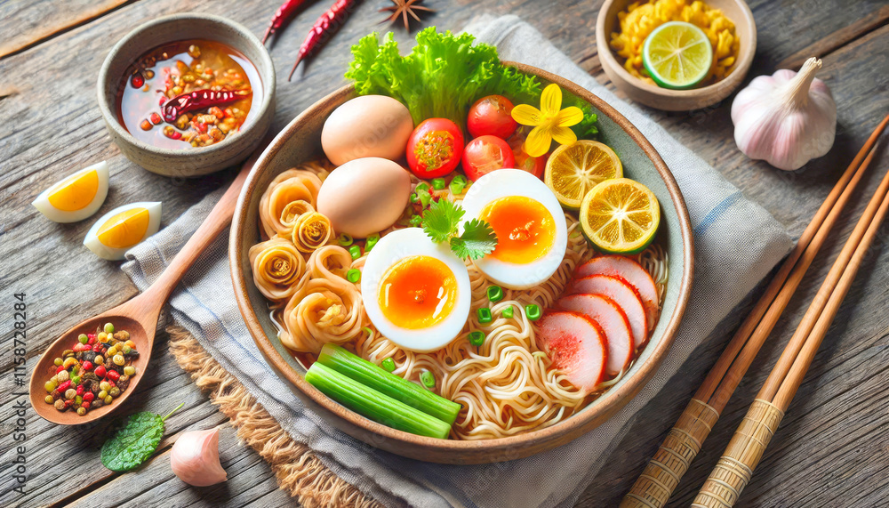 Delicious Asian Noodle Soup with Soft-Boiled Eggs and Toppings Delicious Asian Noodle Soup with Soft-Boiled Eggs and Toppings