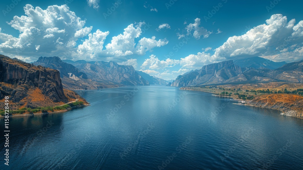 Naklejka premium a large body of water surrounded by mountains