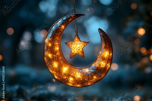 Illuminated crescent moon and star ornament. photo