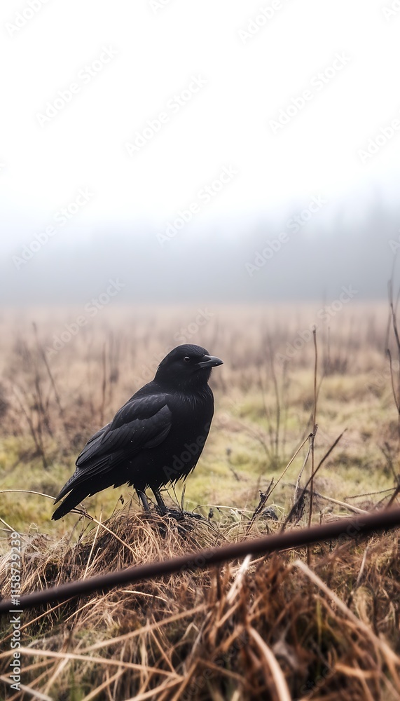 Black bird perched on wire in foggy field. Black bird perched on wire in foggy field.