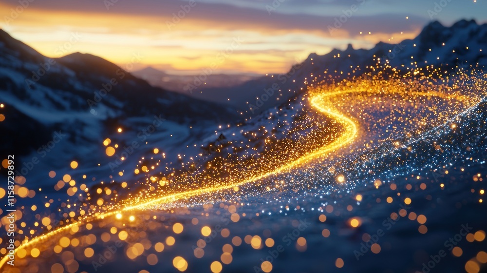 Fototapeta premium Glowing trail across snowy mountain landscape at sunset.