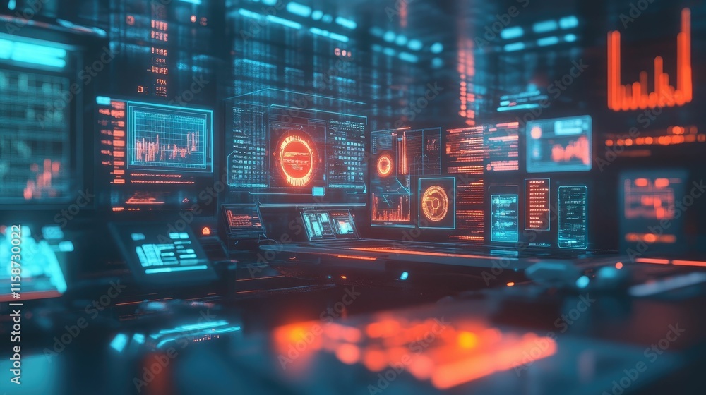 Futuristic control room; glowing screens display data. Futuristic control room; glowing screens display data.