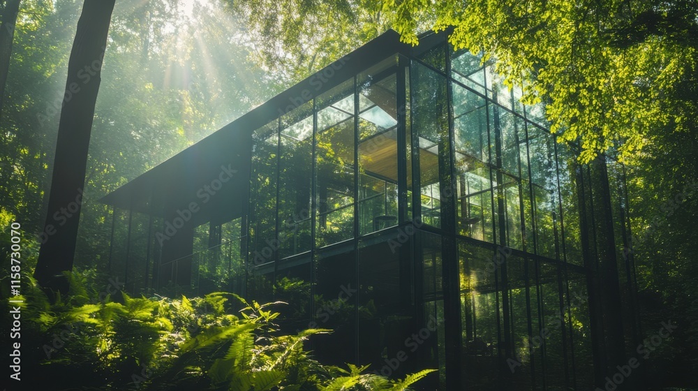 Fototapeta premium A secretive forest house with glass walls, reflecting the sunlight