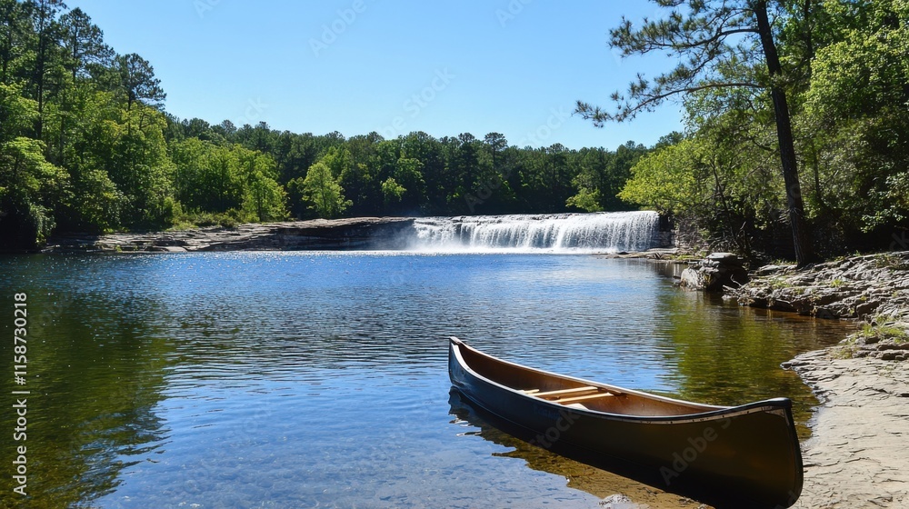 A serene camping area next to a flowing waterfall, A serene camping area next to a flowing waterfall,