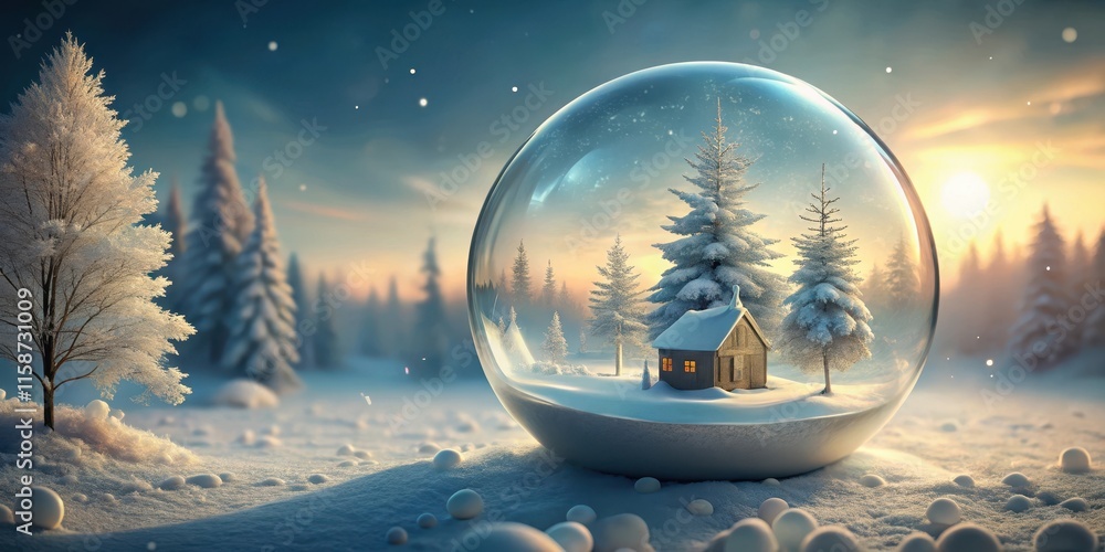 Whimsical Winter Landscape in a Glass Globe, festive scene, glass orb Whimsical Winter Landscape in a Glass Globe, festive scene, glass orb