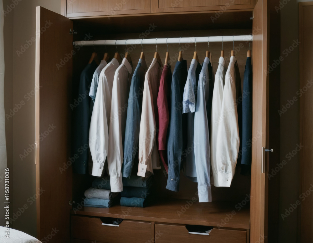 Open wardrobe with neatly folded and hung clothing at home Open wardrobe with neatly folded and hung clothing at home