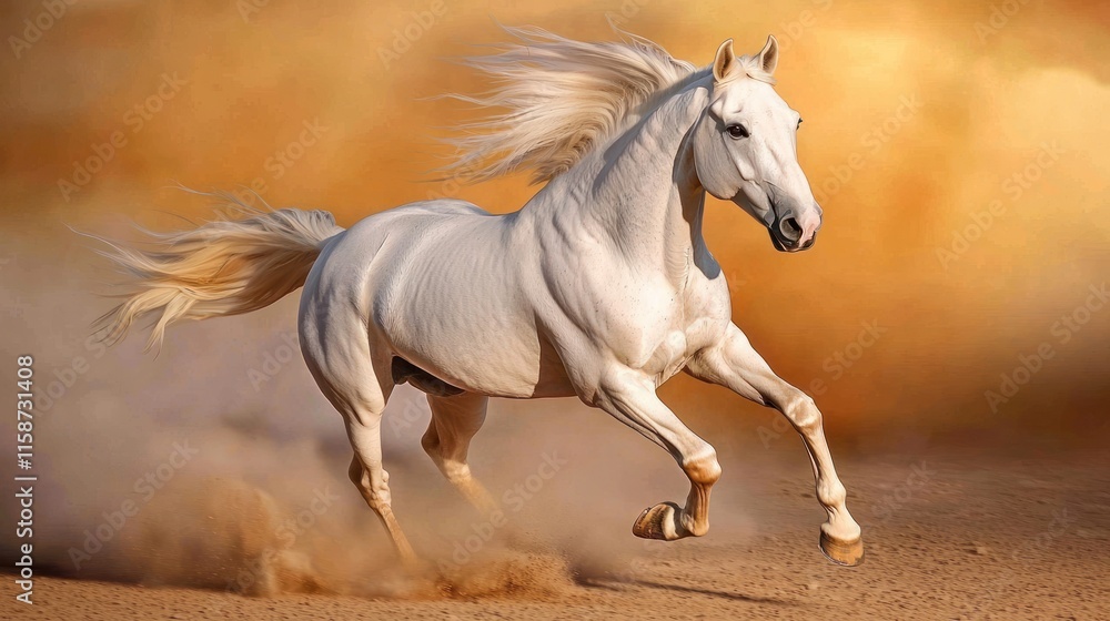 Majestic white stallion running in desert dust, mane and tail flowing. Majestic white stallion running in desert dust, mane and tail flowing.