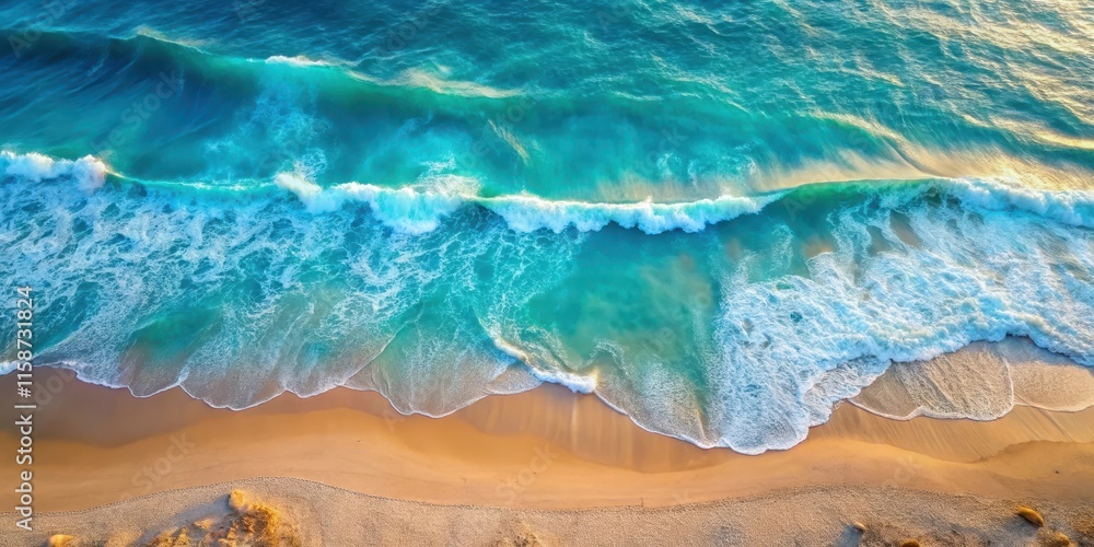 Aerial view of turquoise blue sea surface with white foam and waves crashing against a sandy beach at sunrise, sand, sunrise Aerial view of turquoise blue sea surface with white foam and waves crashing against a sandy beach at sunrise, sand, sunrise
