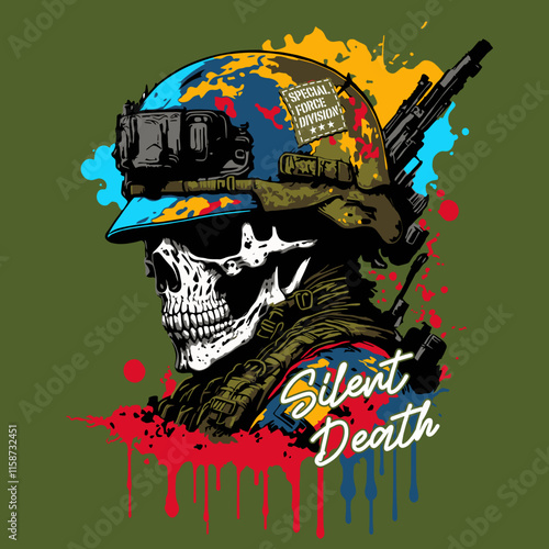 Vintage special forces skull head with weapon, vector illustration