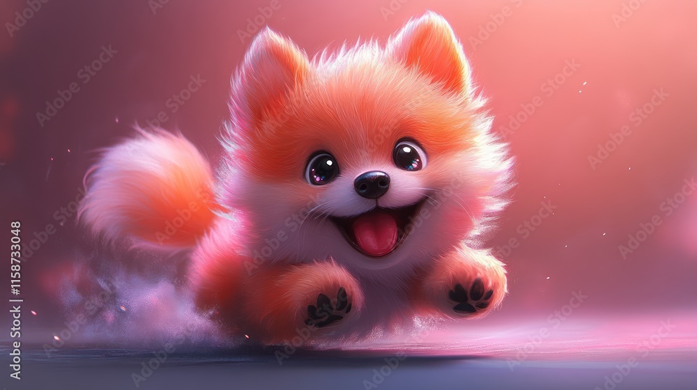 Joyful orange puppy running, digital art. Joyful orange puppy running, digital art.