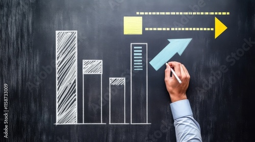 Costs cutting and efficiency concept. Businessman drawing bar graph and arrow on chalkboard. 