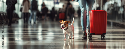 Traveler with red suitcase and playful dog walking through airport, showcasing lively atmosphere and excitement for journey ahead