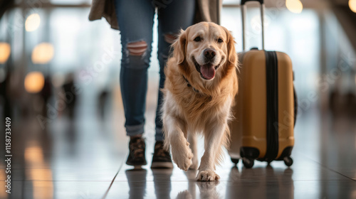 Golden retriever walking with traveler at airport terminal, suitcase in tow, showcasing joyful journey. Perfect for pet travel themes photo