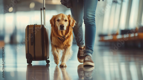 Travelers walking with golden retriever and suitcase in airport. scene captures joy of companionship and adventure, highlighting bond between pets and their owners