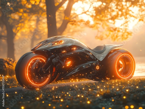 A futuristic motorcycle rests on grass beside a highway. Futuristic lights dot the ground. In the background, sunlight illuminates trees and a lake, blending technology with nature, perfect for ads. photo