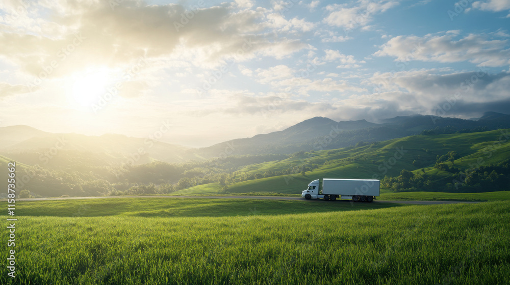 truck travels through scenic landscape with rolling green hills and bright sky. sun rises, casting warm glow over tranquil countryside, creating peaceful atmosphere truck travels through scenic landscape with rolling green hills and bright sky. sun rises, casting warm glow over tranquil countryside, creating peaceful atmosphere