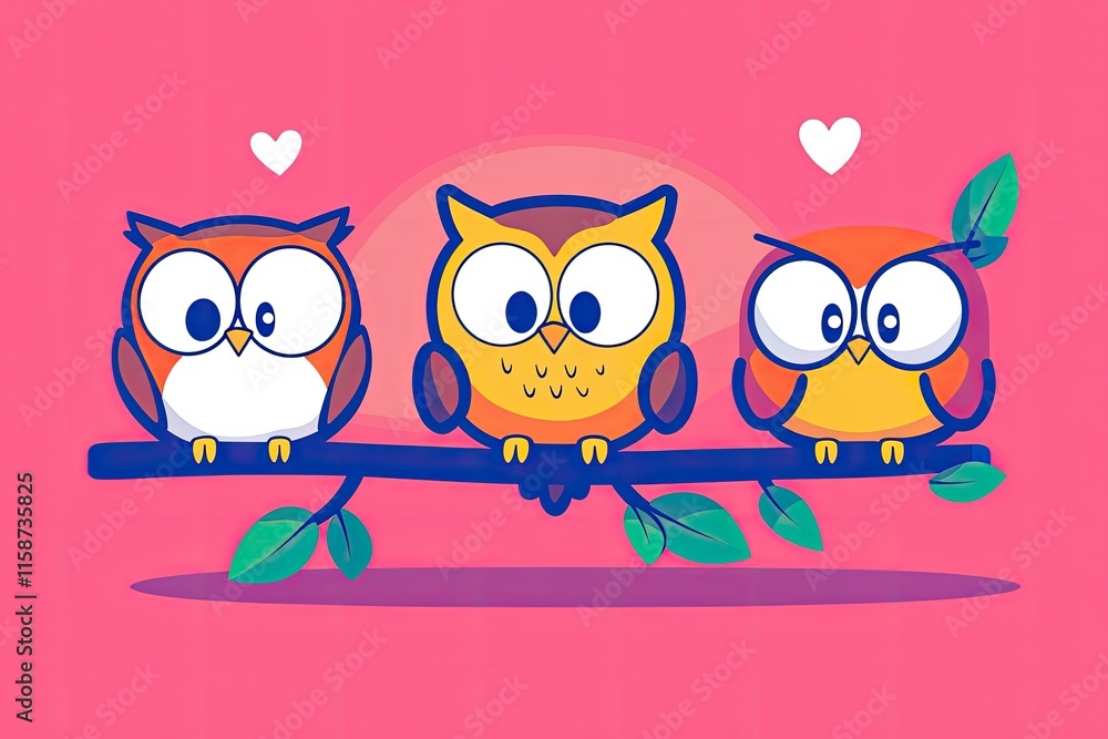 Obraz premium Cute Cartoon Owls on Branch Pink Background Birds Illustration