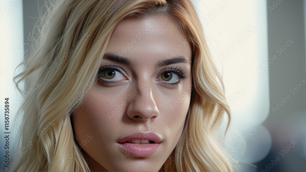 face of blue-eyed blonde looking at camera close-up face of blue-eyed blonde looking at camera close-up