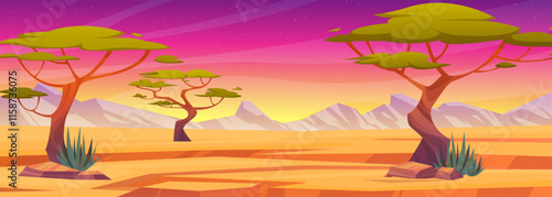 Savanna cartoon background. Desert in Africa. Wild field. African prairie landscape. Sunset sky. Shrub and baobab tree. Sand wilderness. Mountain stones. Panorama of wild nature. Vector adventure park