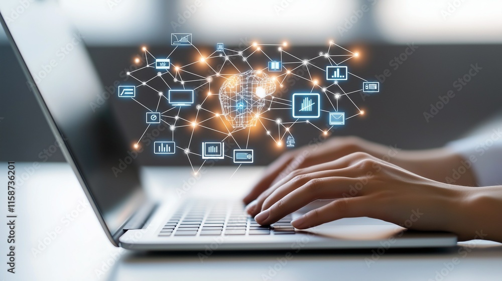 Data Network Connectivity, Hands Typing on Laptop with a Connected Data Visualization Data Network Connectivity, Hands Typing on Laptop with a Connected Data Visualization